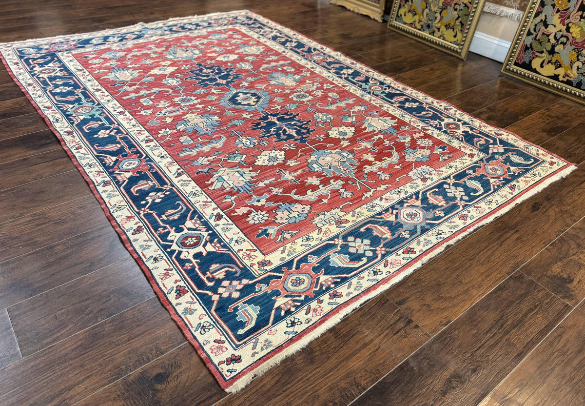 Turkish Flatweave Rug 6x9, Heriz Design, Red and Blue - Jewel Rugs, view 3