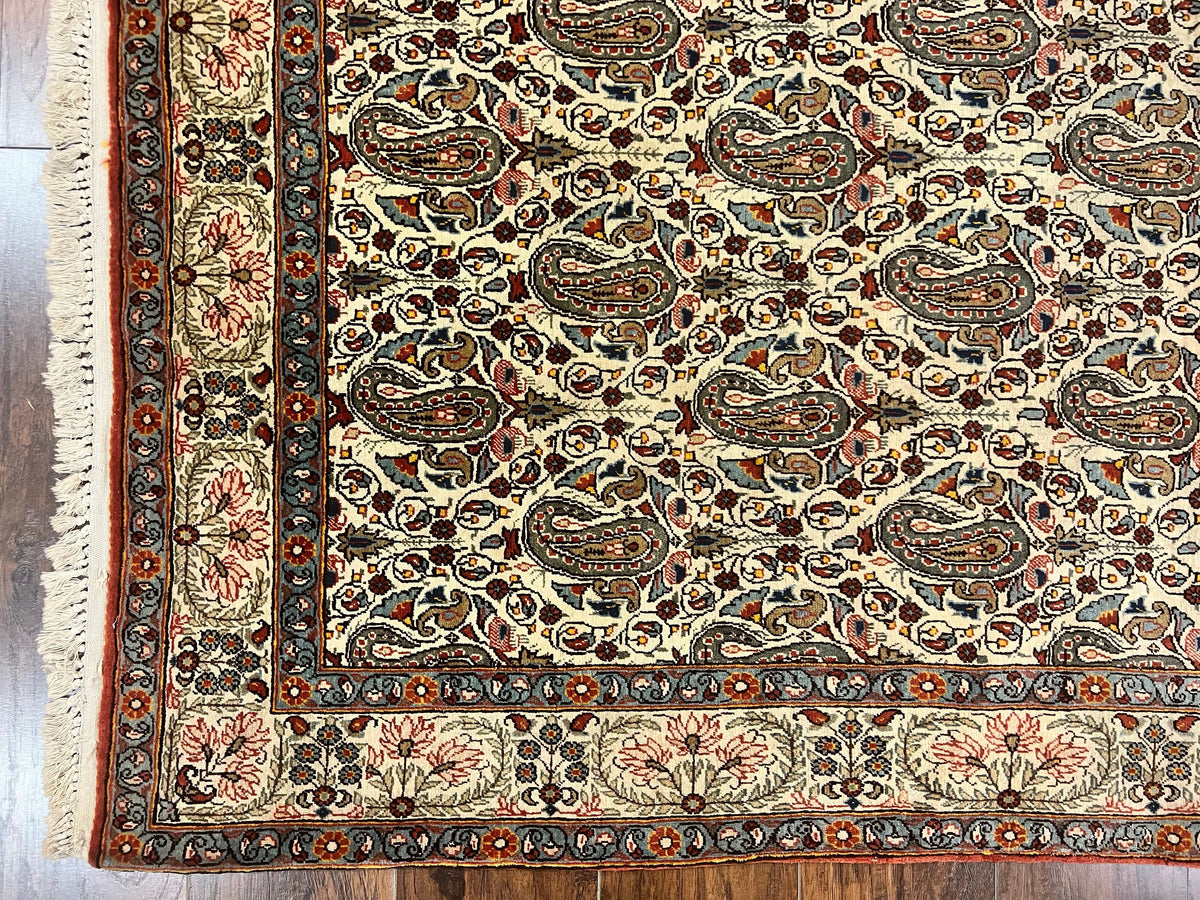 Persian Qum Rug 5x6, Cream Wool Hand Knotted Carpet, Repeated Boteh Paisely Design, Semi Antique Vintage Rug, Very Fine Weave 5 x 6 Rug - Jewel Rugs, view 8