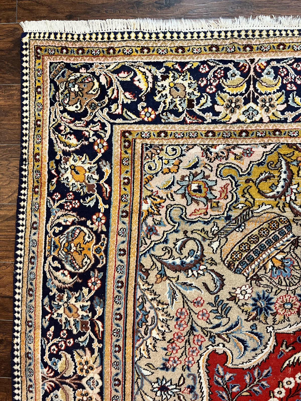 Wonderful Persian Qum Rug 10x14, Wool w/ Silk Highlights, Hand Knotted Semi Antique Vintage Carpet, Red, Floral, Fine Weave, Birds Deer Pictorials - Jewel Rugs, view 6