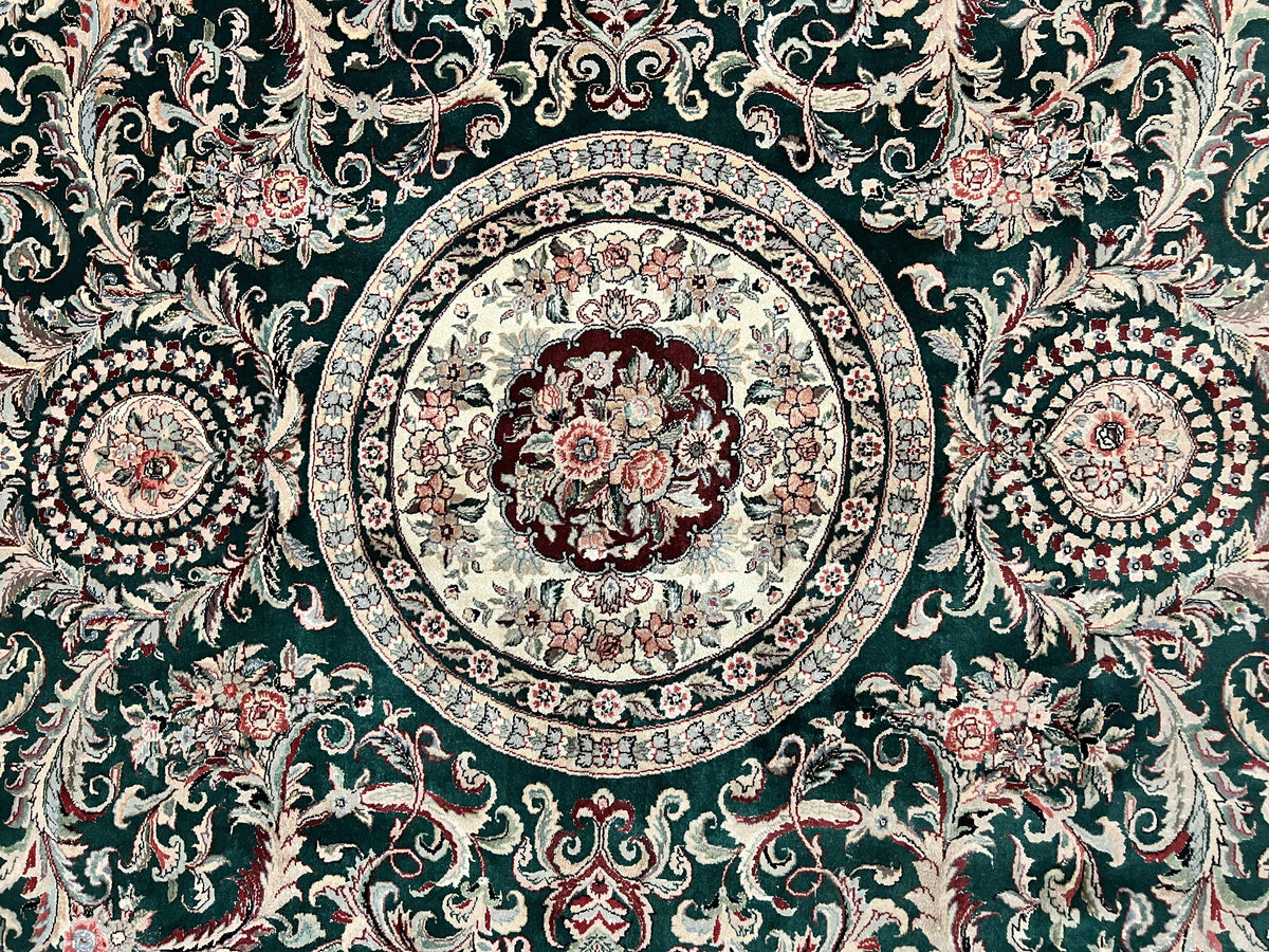 Pak Persian Rug 9x12, Dark Green and Cream, Floral Medallion, Elegant Handmade Wool Carpet 9 x 12 - Jewel Rugs, view 4