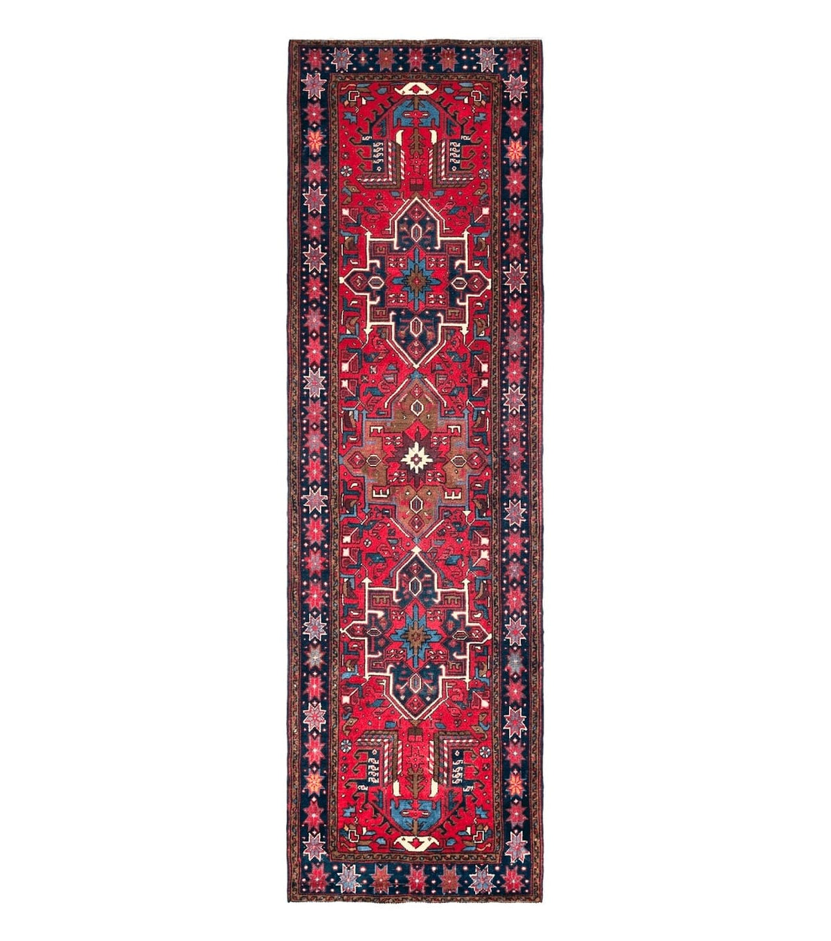 Persian Heriz Karajeh Runner Rug 3.7 x 12, Geometric Medallions, Red and Navy Blue - Jewel Rugs