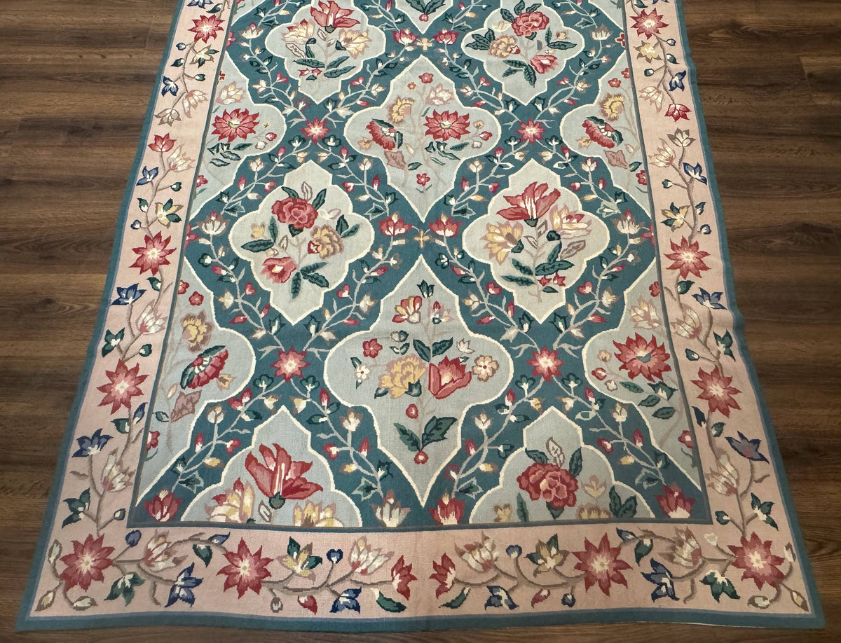 Teal Needlepoint Rug 6x9, Panel Design, Floral Bouquets, Handmade - Jewel Rugs, view 6