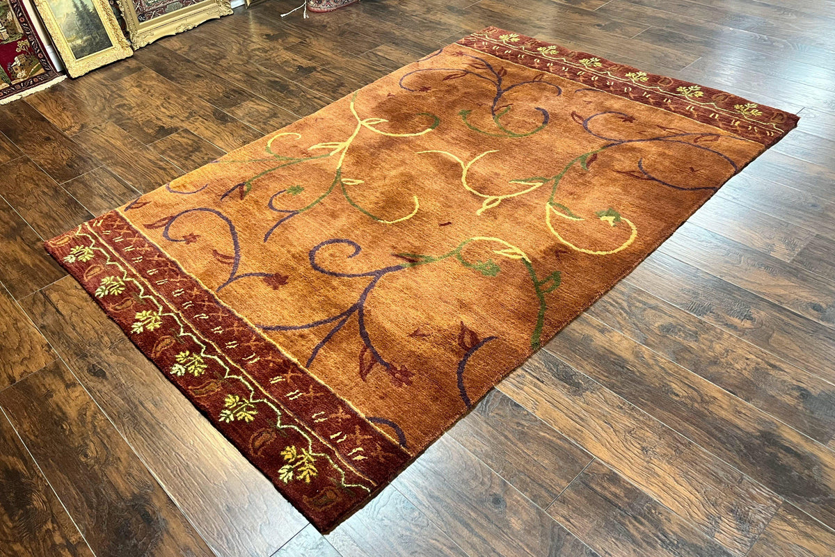 Pottery Barn Rug 5x8, Vintage Hand Tufted Carpet, Wool and Silk, Rust & Maroon - Jewel Rugs, view 3
