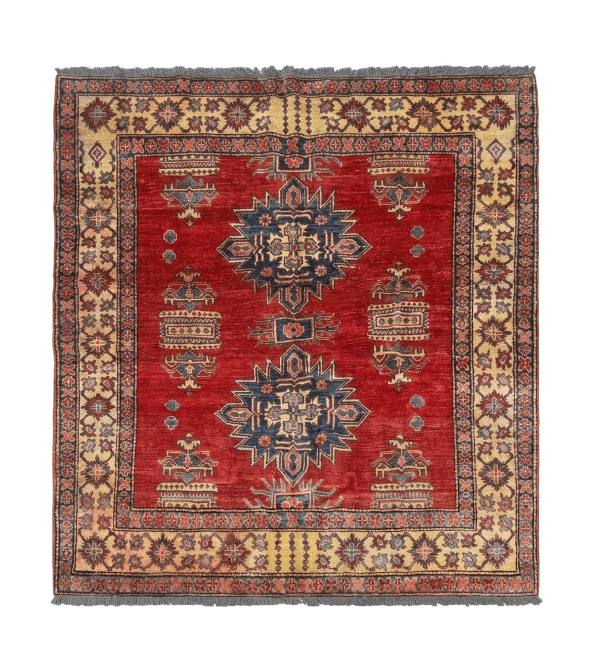 Square Turkish Rug 6x6, Azerbaijani Azeri Turkish Armenian Rug, Red Tan Blue, Geometric, Wool Carpet - Jewel Rugs