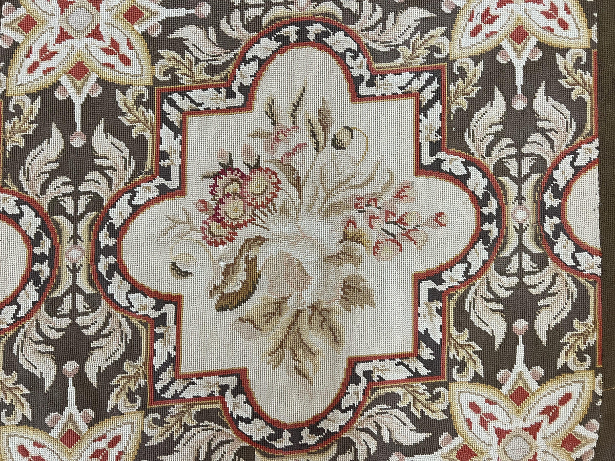 Needlepoint Runner Rug 2.8 x 9.8, Brown and Beige, Handwoven Handmade Floral French European Design, Vintage Flatweave 10ft Wool Runner Rug - Jewel Rugs, view 8