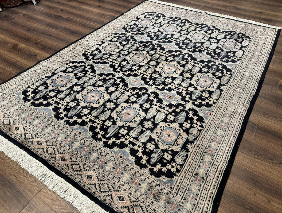Turkoman Bokhara Rug 6x9, Pakistani Carpet, Black, Hand Knotted - Jewel Rugs, view 3