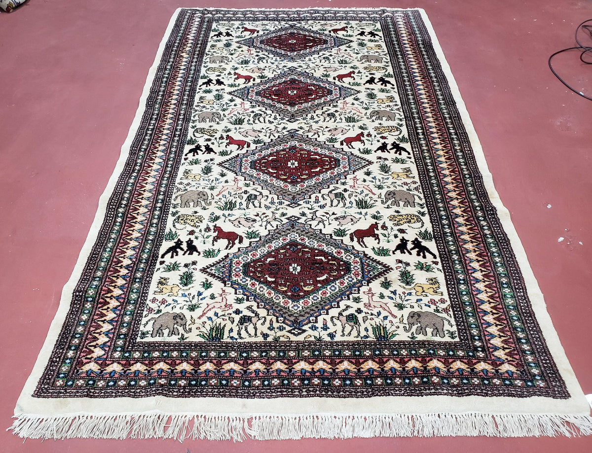 Vintage Indo Persian Area Rug 4.7 x 7.6, Wool Hand-Knotted Ivory Carpet, Animal Pictorials, Elephants Horses Lions, Indian Carpet, Unique - Jewel Rugs, view 2