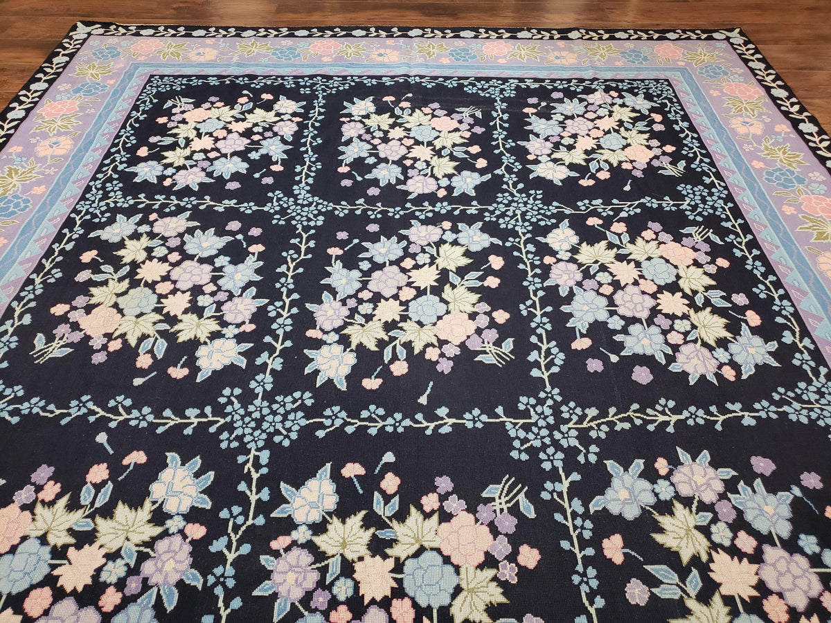 Chinese Needlepoint Rug 8 x 11.4, Hand-Woven Area Carpet, Flatweave Rug, Black Blue Light Violet Floral Garden European Design Wool Aubusson - Jewel Rugs, view 4