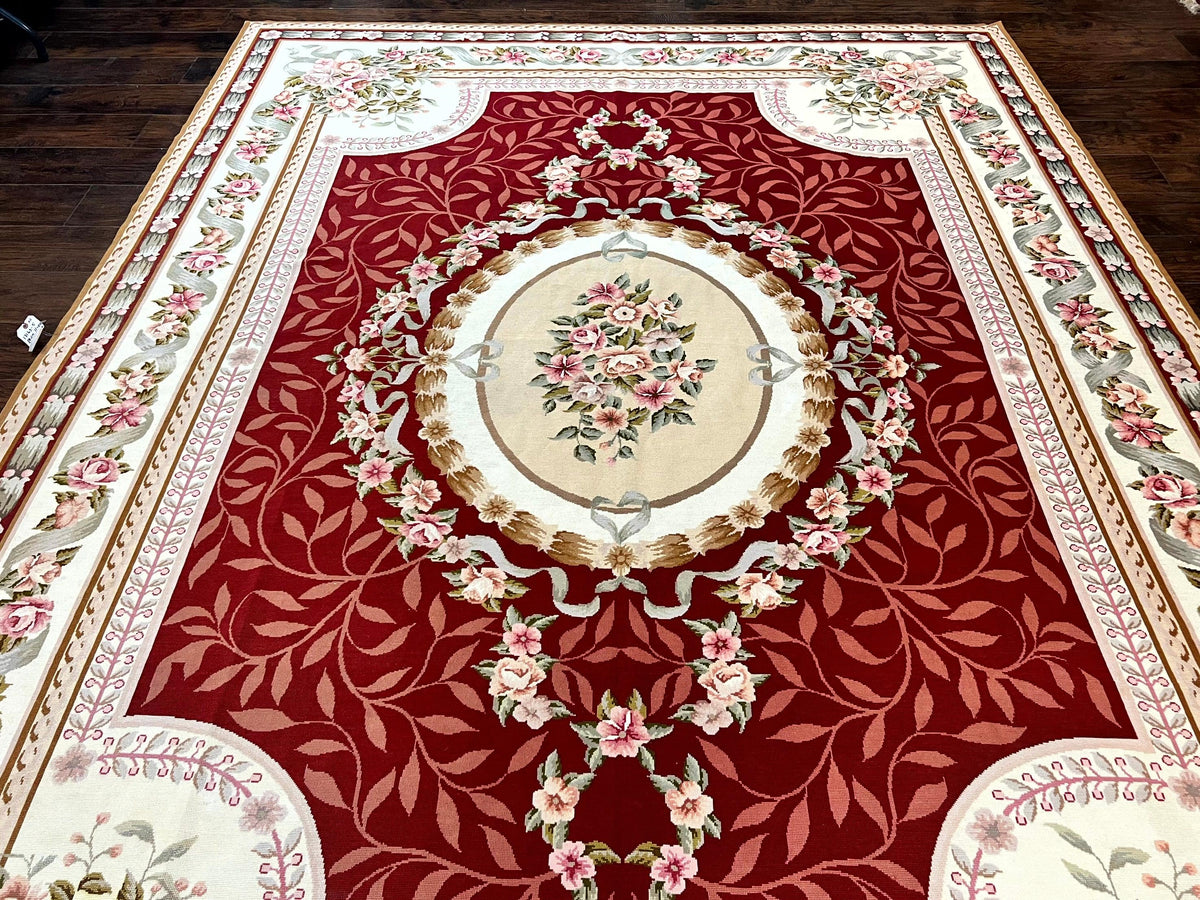 Wonderful Aubusson Rug 9x12, Handmade Vintage Needlepoint Carpet, Red and Ivory, Elegant European Design, Wool - Jewel Rugs, view 13