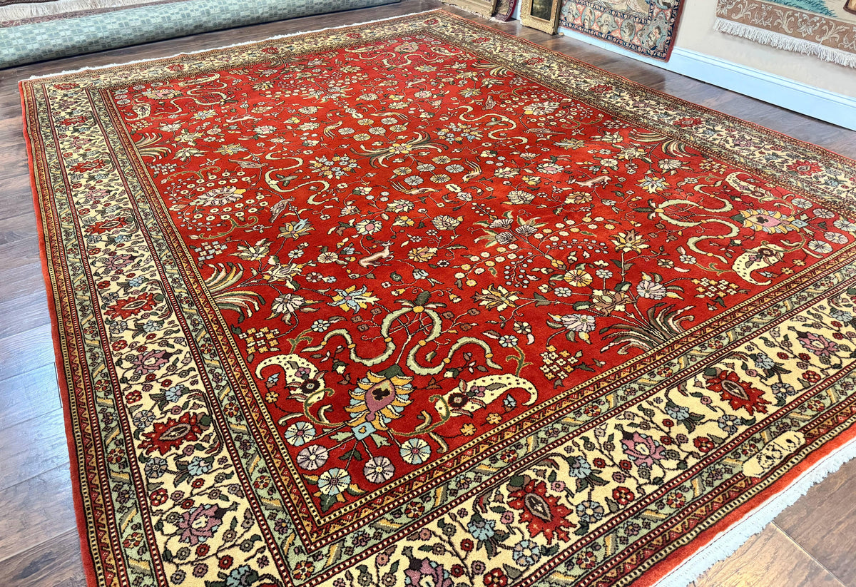Romanian Rug 10x13, Vintage Handmade Wool Carpet, Floral Pattern, Birds, Red and Cream, Signed By Masterweaver, Persian Rug - Jewel Rugs, view 2