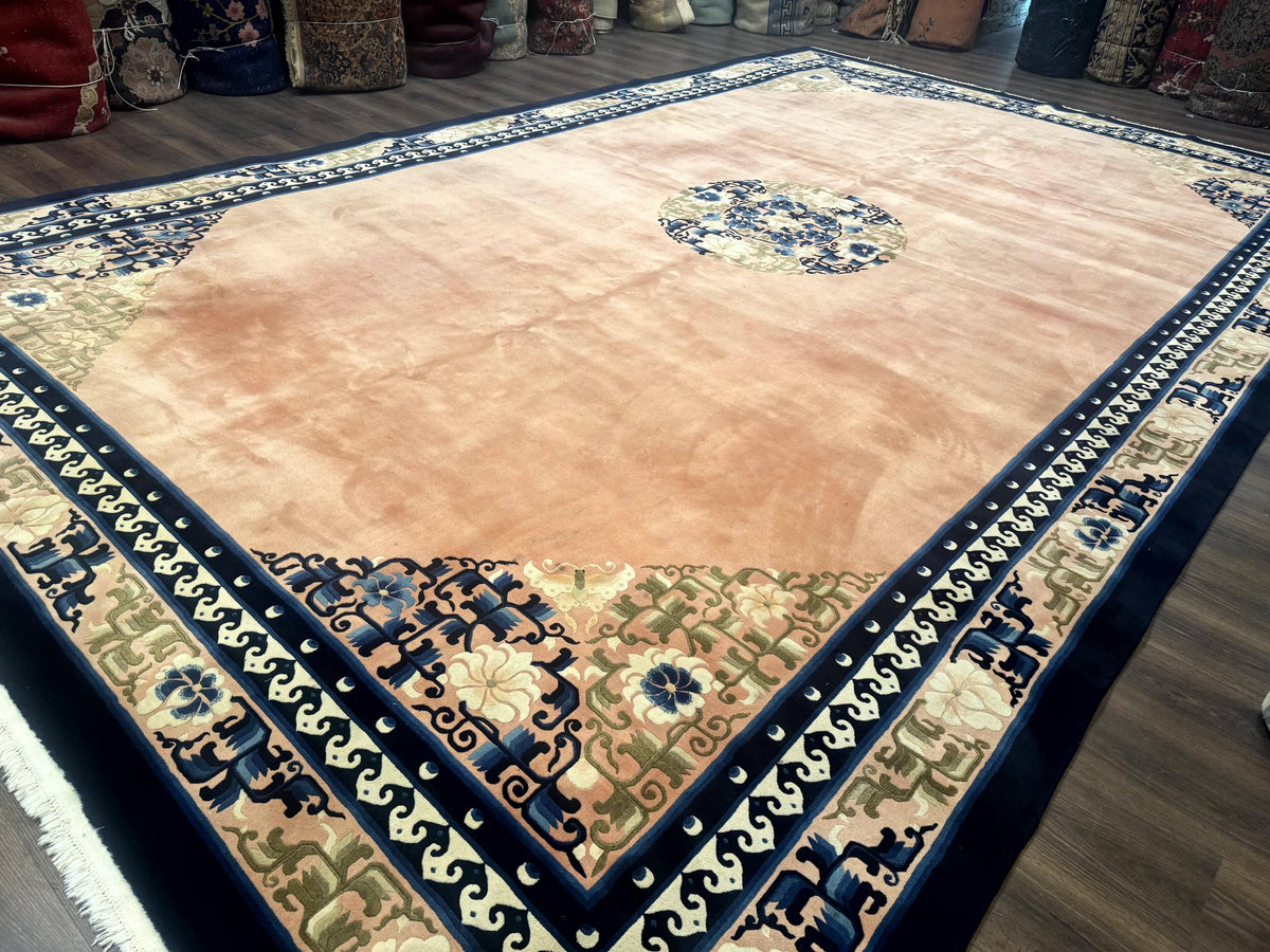 Chinese Wool Rug 11x18, Palace Sized Chinese Carpet, Peking Rug, Peach and Blue, Open Field, Simple Design, Art Deco Rug, Large Handmade Rug - Jewel Rugs, view 3