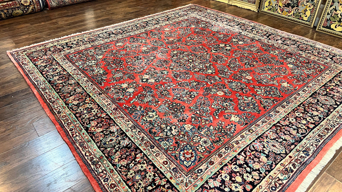 Square Persian Sarouk Rug 11x11 ft, Rare Size, Hand Knotted Wool Floral Allover Red Persian Carpet, Handmade Antique Rug - Jewel Rugs, view 2