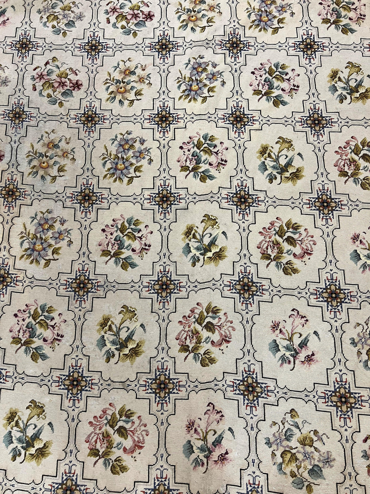 Needlepoint Rug 10x14, Wool Handmade Vintage Needlepoint Carpet, Floral Panel Design, Ivory/Cream - Jewel Rugs, view 5