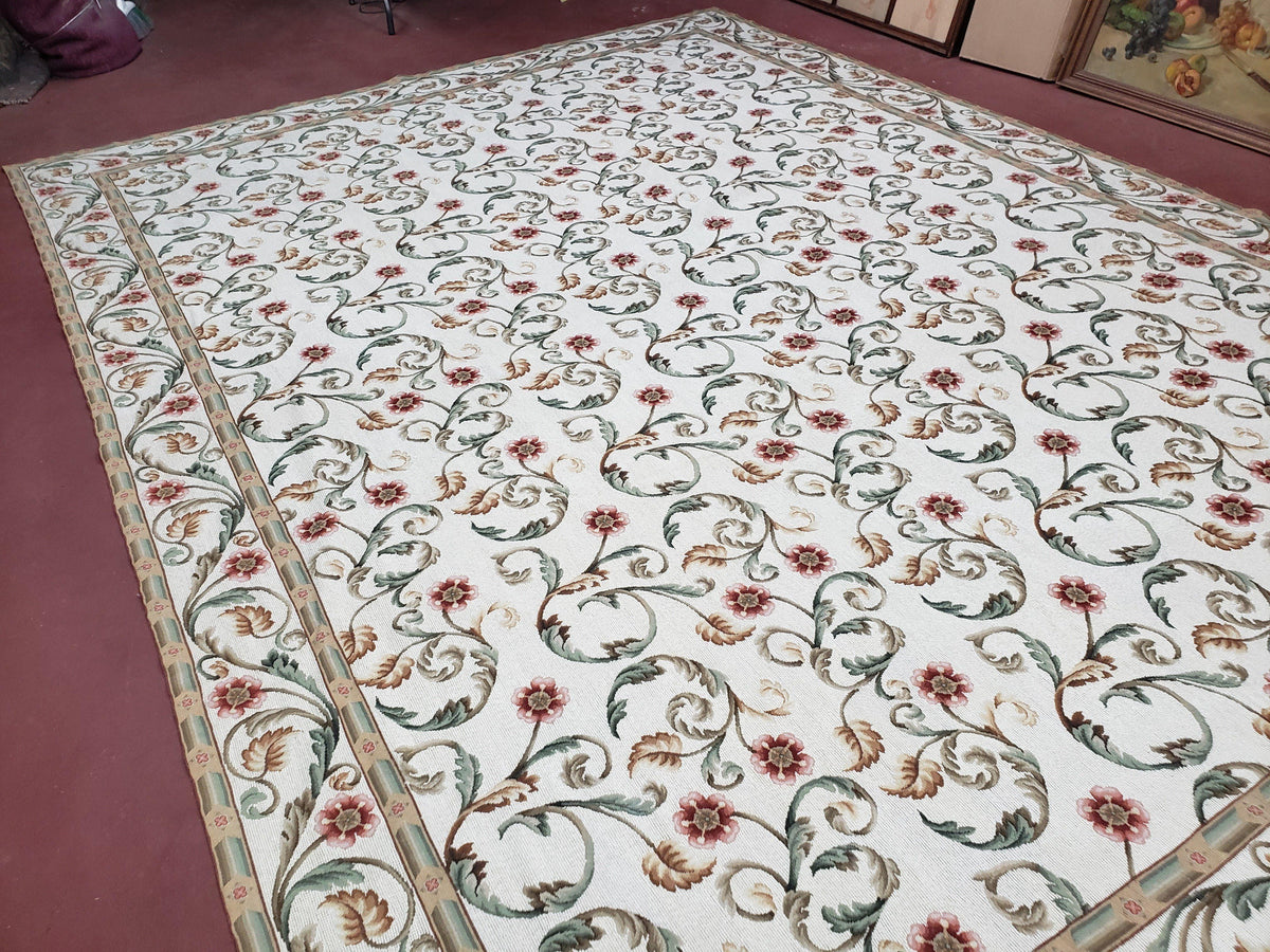 Needlepoint Rug 9x12, European Aubusson Design, Floral Allover Garden Pattern, New Needlepoint Area Rug, Ivory Rug, Hand Woven, Flatweave - Jewel Rugs, view 3