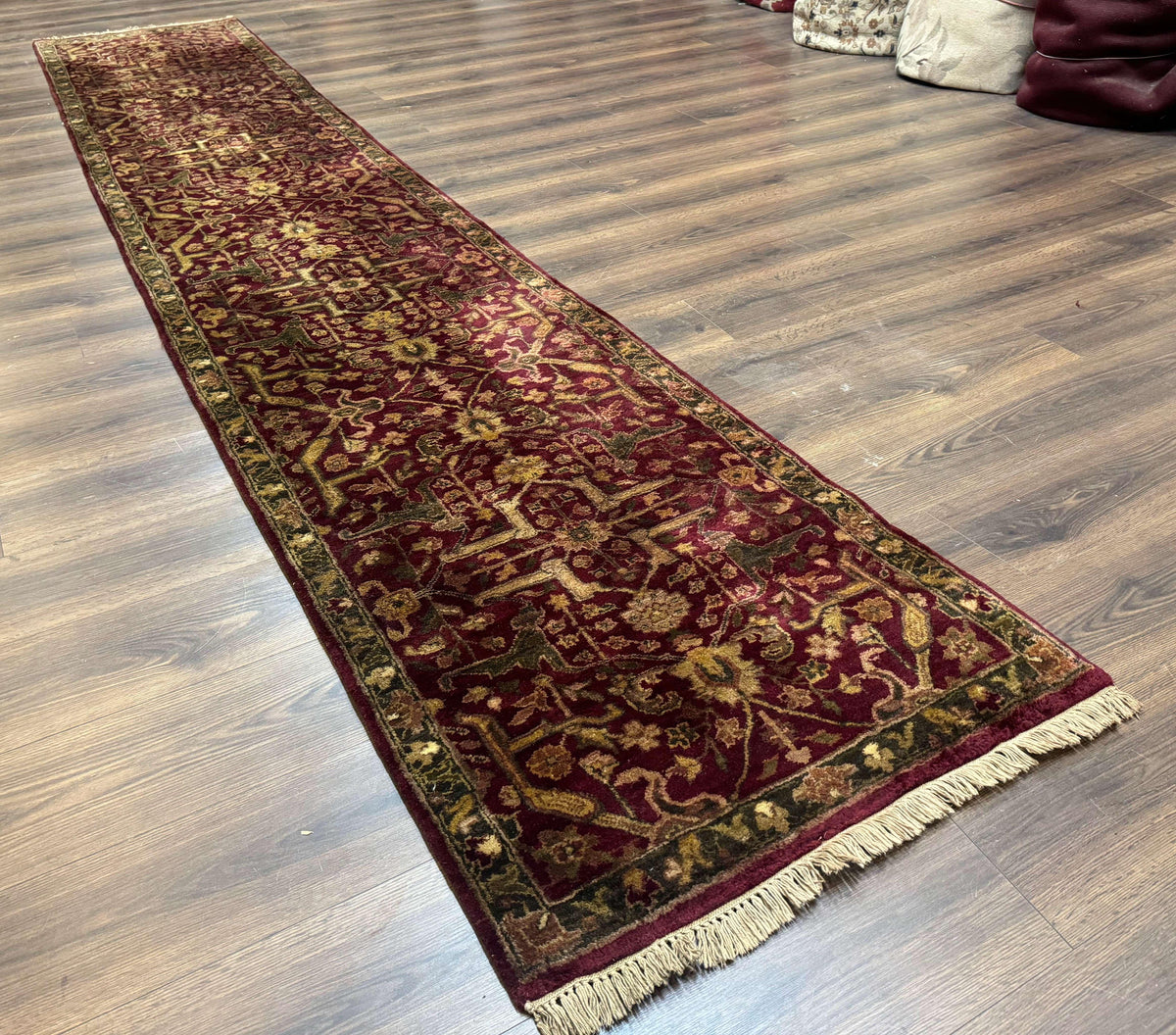 Indo Persian Runner Rug 2.7 x 13.8, Maroon, Wool, Handmade Indian Rug for Hallway - Jewel Rugs, view 12