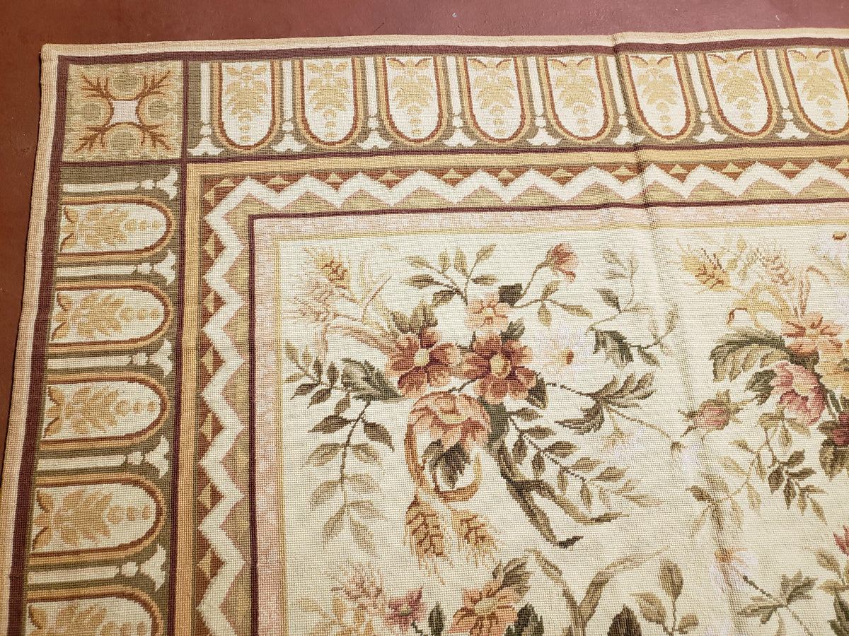 Needlepoint Rug 8x10 Aubusson Rug Victorian Floral Rug Handmade French Style French Decor Garden Panel Beige 8 x 10 Area Rug 100% Wool - Jewel Rugs, view 6