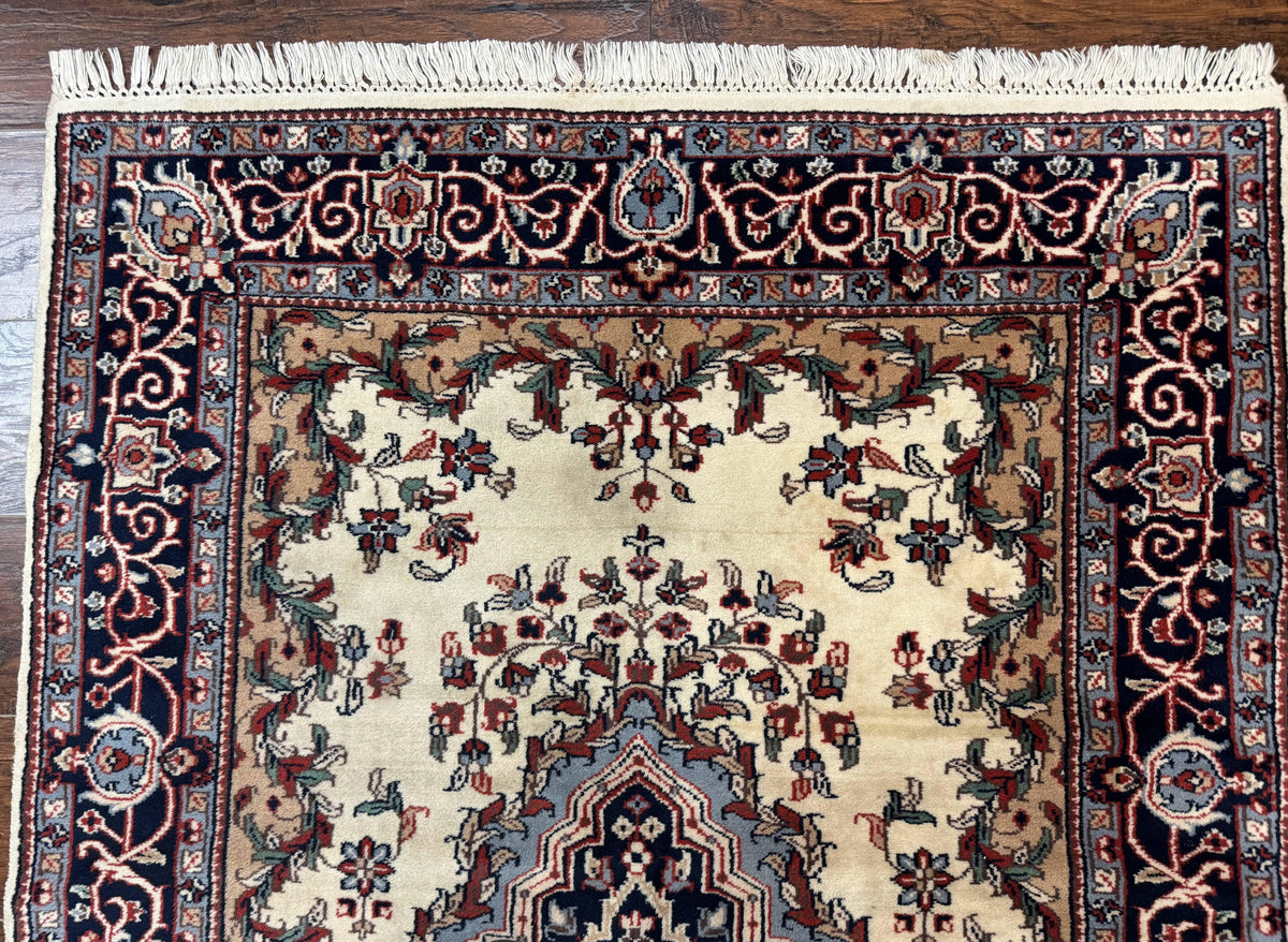 Indian Kashmiri Rug 4x6, Ivory Beige Navy Blue, Traditional Indo Persian Rug - Jewel Rugs, view 4