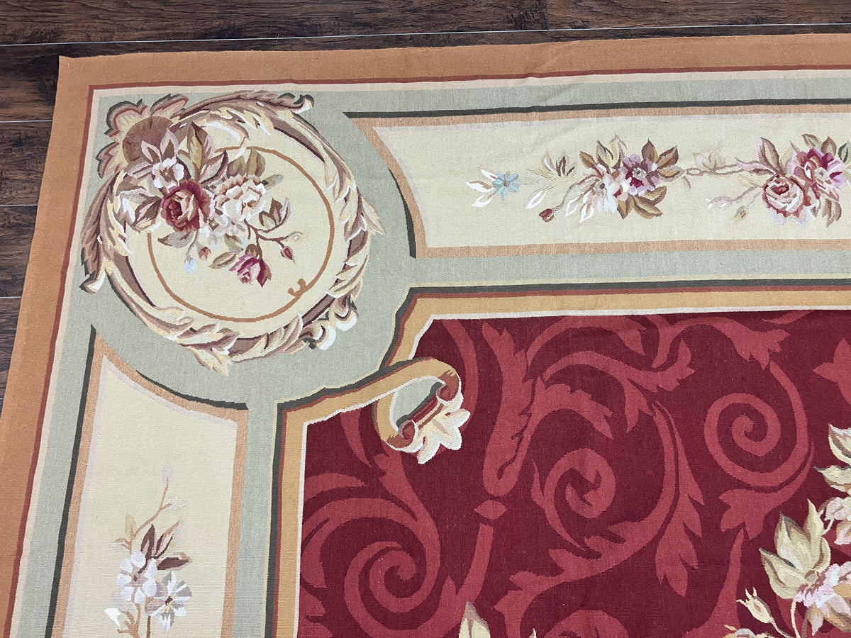 Large Aubusson Rug 10x14, Wool Handmade Vintage Carpet, Dark Red Ivory Tan, French European Elegant Aubusson Weave Rug - Jewel Rugs, view 7