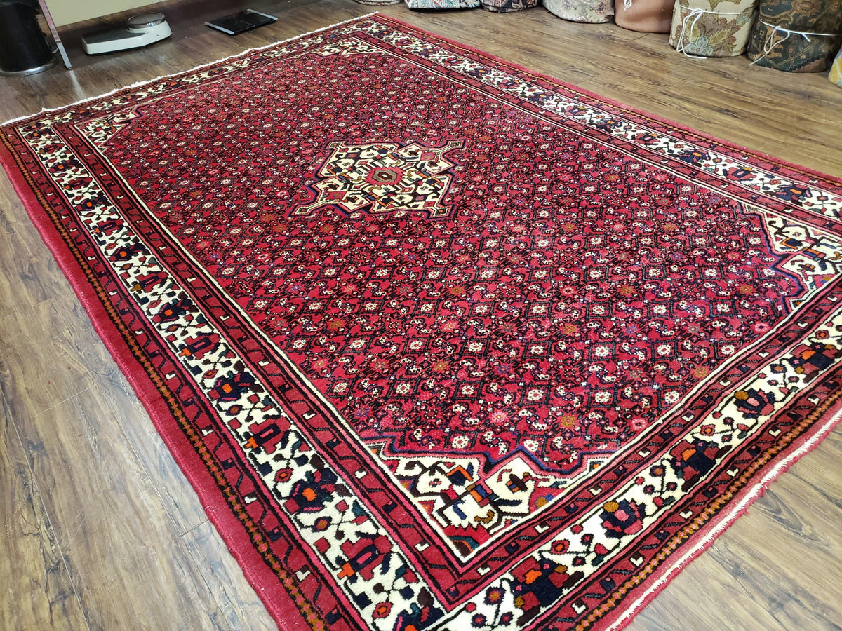 Vintage Persian Hamedan Rug 7x10, Angelas Mahi Pattern, Red, Wool, Hand-Knotted - Jewel Rugs, view 12