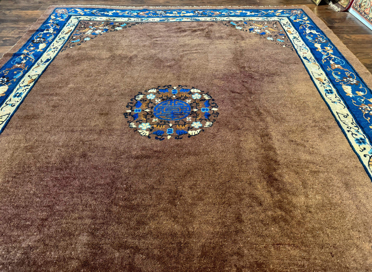 Antique Chinese Wool Rug 9x11, Large Chinese Art Deco Rug, Peking Rug, Brown and Blue, Open Field, Fete Rug - Jewel Rugs, view 12