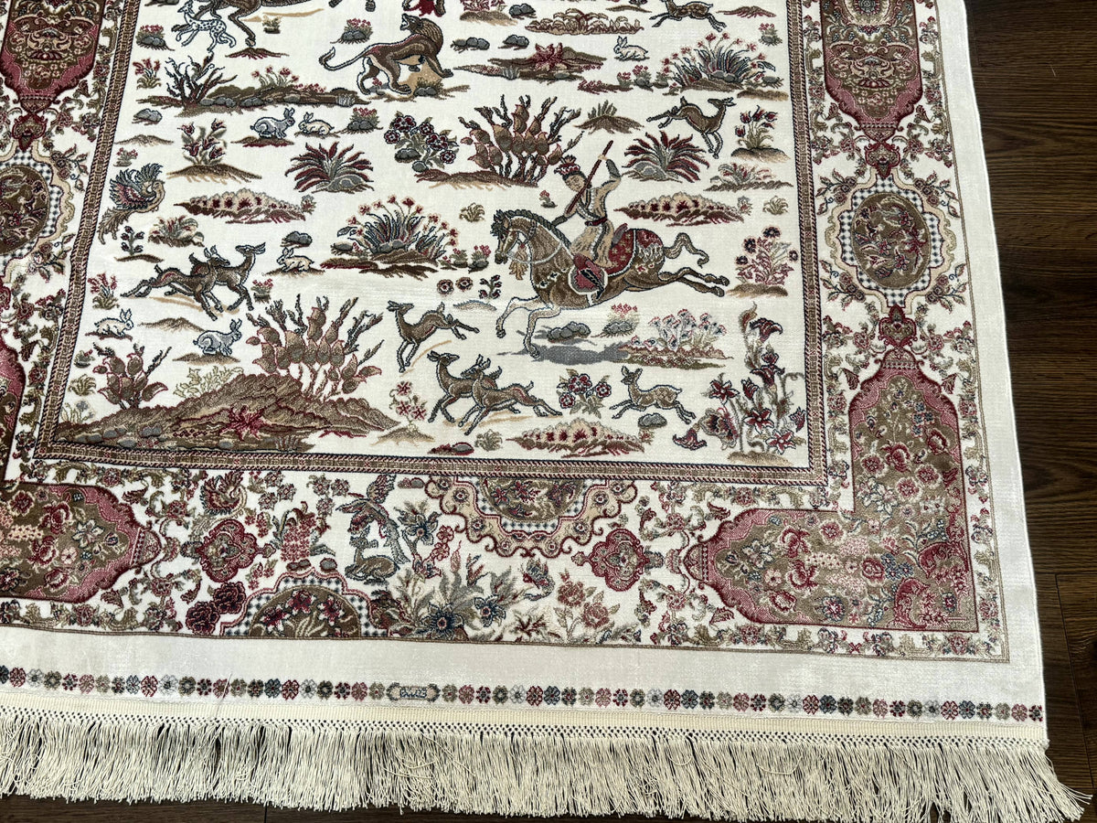 Turkish Silk Hunting Scene Rug 4x6, Ivory, Bamboo Silk, New - Jewel Rugs, view 10