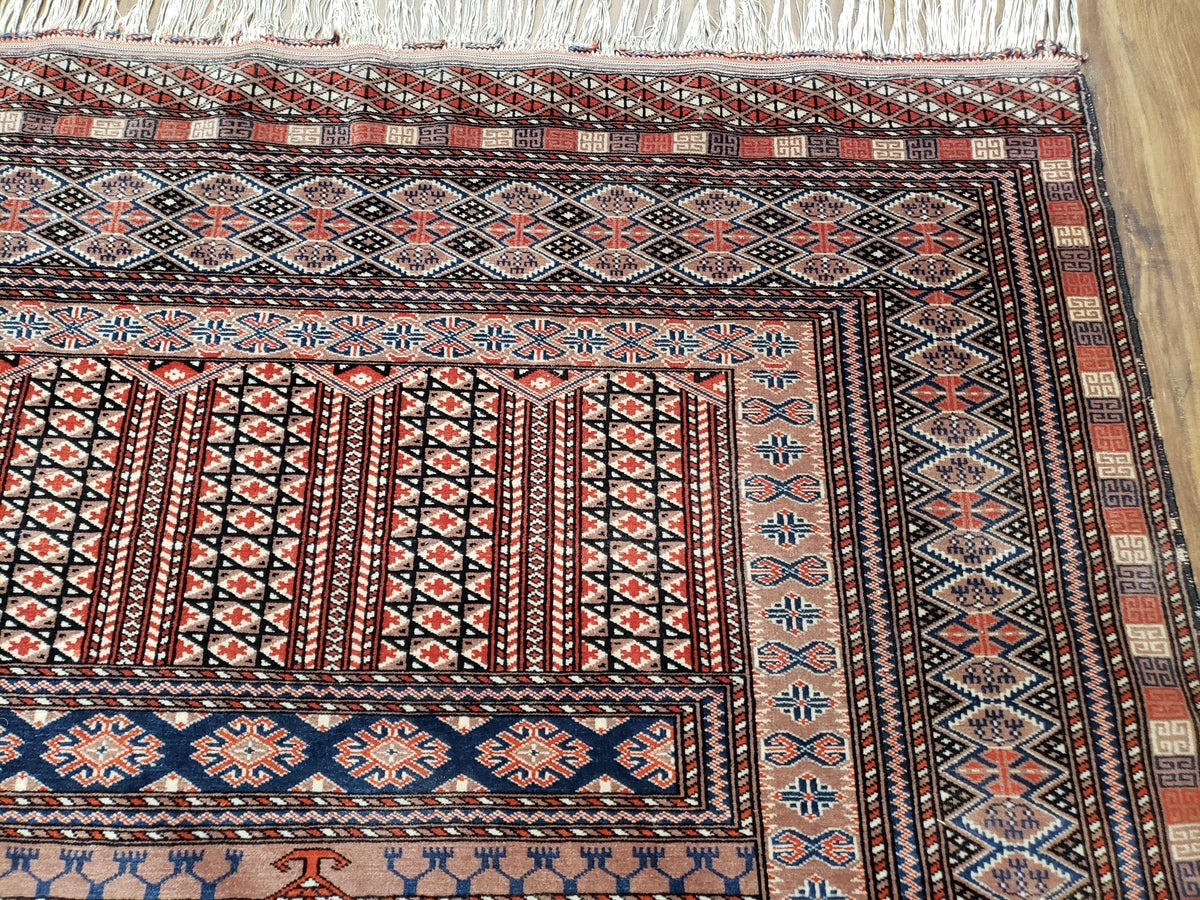 Vintage Turkoman Bokhara Rug 4x6, Four Seasons Pakistan Bukhara Turkmen Engsi Yamud Carpet, Fine Tribal Rug, Wool, Hand-Knotted, Brown, Nice - Jewel Rugs, view 9