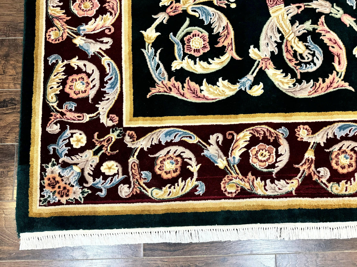 Aubusson Rug 9x12, Dark Green, European Design, Vintage Fine Handmade Carpet, Elegant - Jewel Rugs, view 9