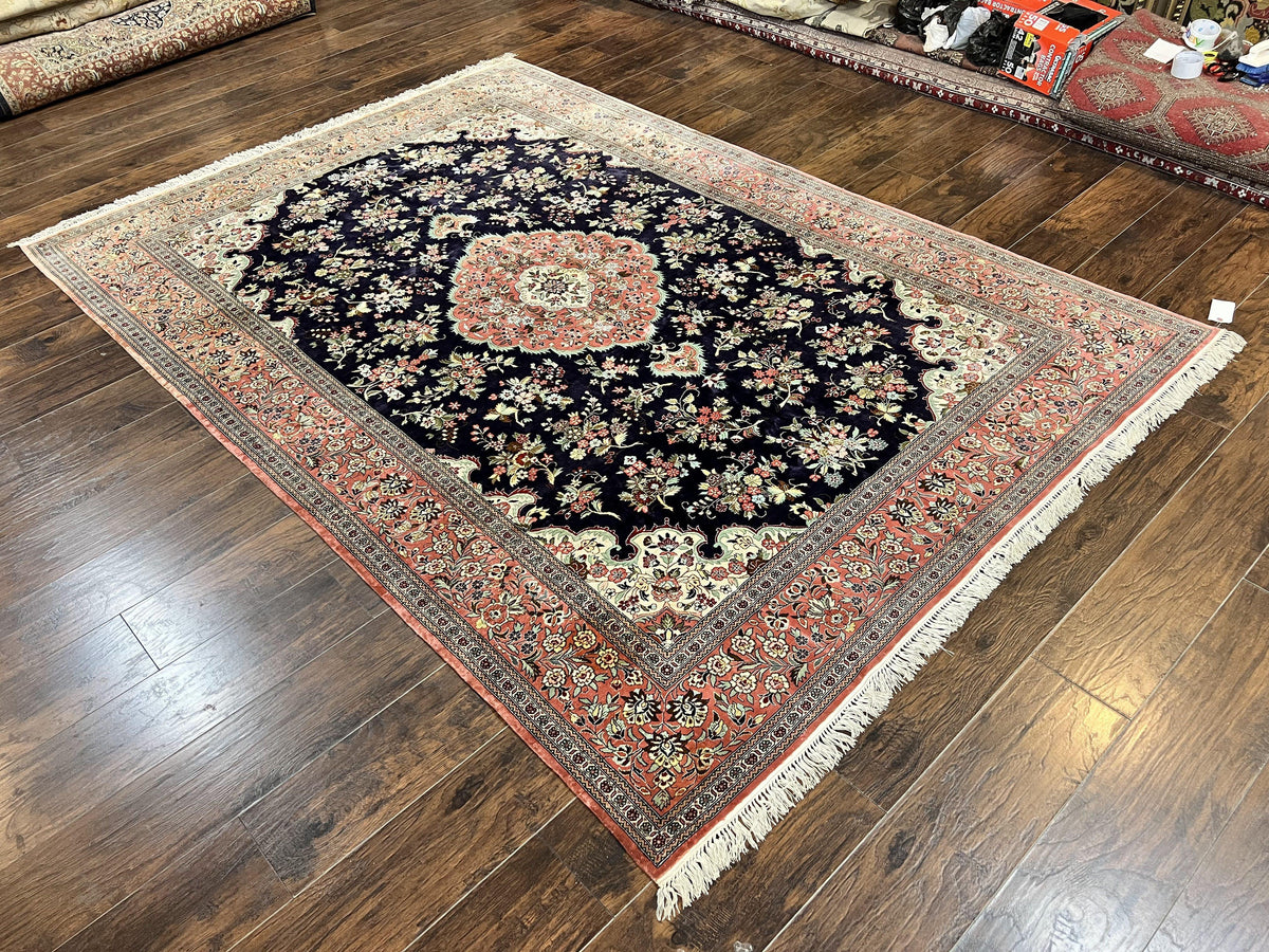 Stunning Silk Persian Qum Rug 7x9, Finely Hand Knotted Navy Blue & Salmon Floral Medallion Authentic Oriental Carpet, Vintage Handmade Silk Ghom Rug, Silk on Silk - Jewel Rugs, view 12