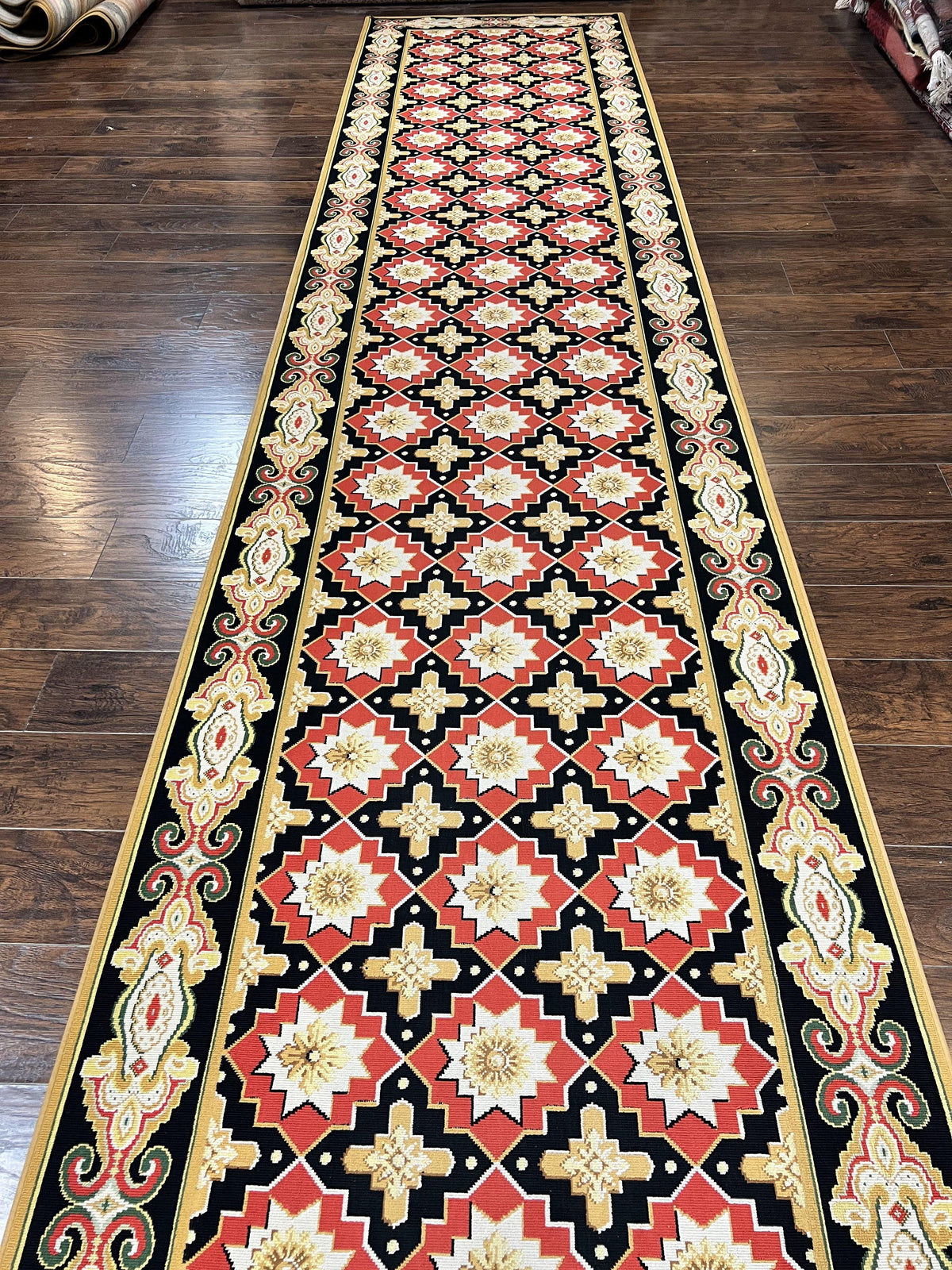 Runner Rug 4x19, Panel Design Rug, Custom Made Stark Runner Carpet, Wool, Vintage 4 x 19 Hallway Rug, European Design, Red Black Ivory Tan - Jewel Rugs, view 12