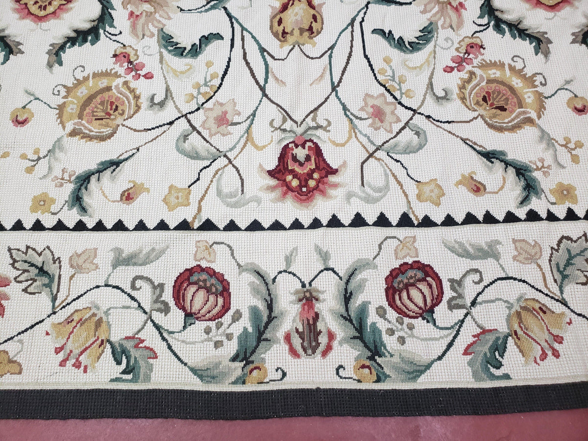 New Needlepoint Rug 9x12, Hand Woven Wool Area Rug, Flatweave Carpet, Handmade Chinese Needlepoint, Floral European Design, Ivory Background - Jewel Rugs, view 6