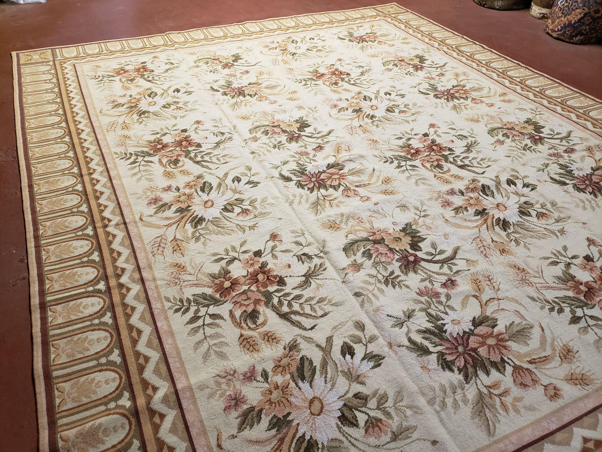 Needlepoint Rug 8x10 Aubusson Rug Victorian Floral Rug Handmade French Style French Decor Garden Panel Beige 8 x 10 Area Rug 100% Wool - Jewel Rugs, view 3