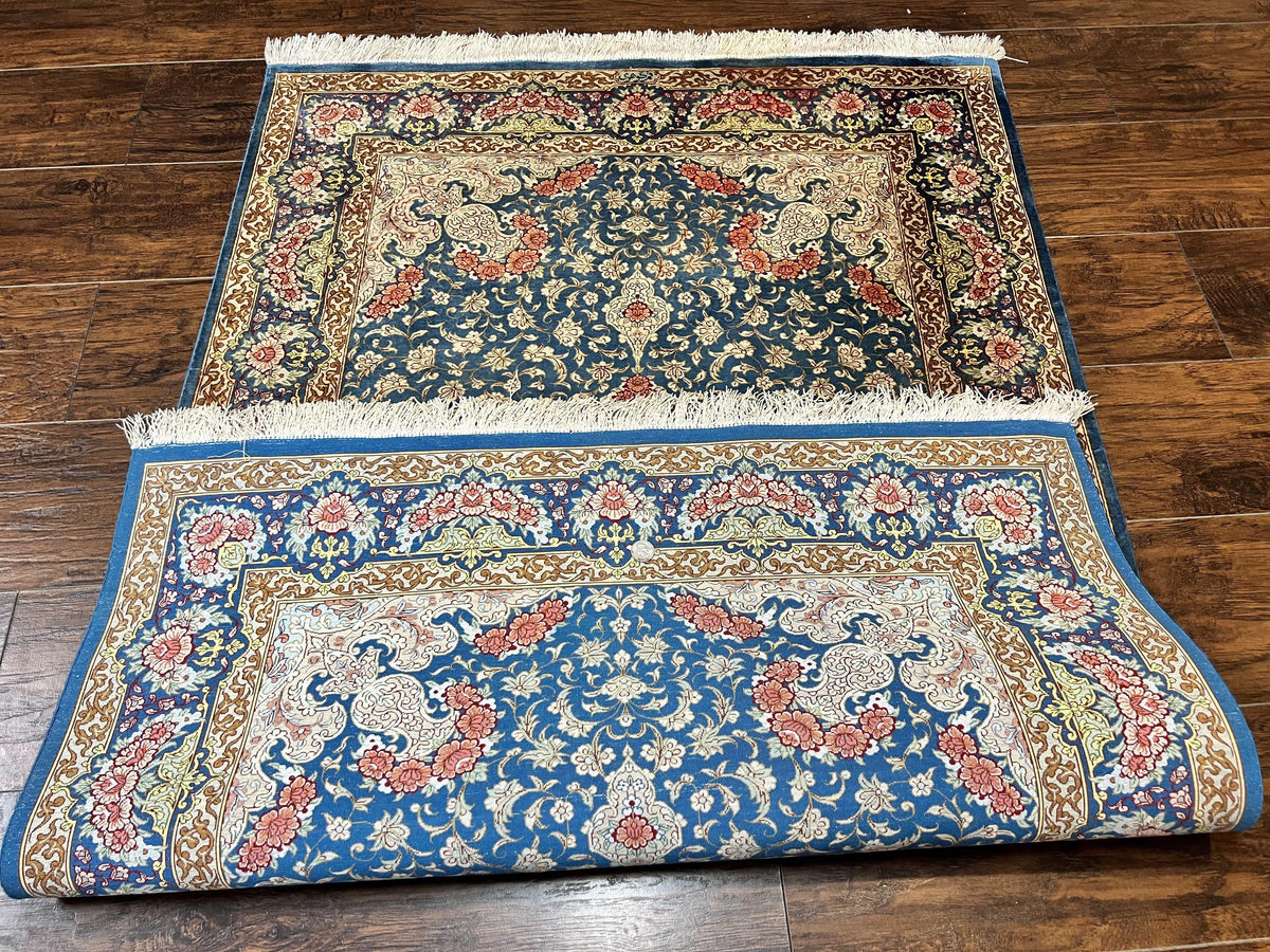 Magnificent Persian Qum Silk Rug 3x5, Blue, Super Fine 675 KPSI - 70 Raj, Floral Roses, Handmade Vintage Silk Carpet, Masterpiece - Jewel Rugs, view 11