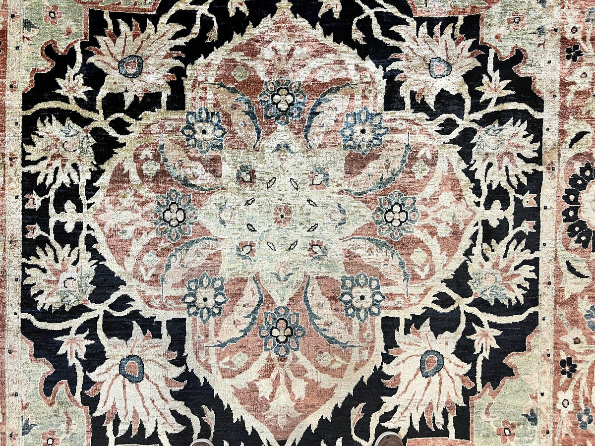 Pak Persian Rug 8x10, Pakistani Mahal Sultanabad Carpet, Signature from Master Weaver, Shiny Wool, Black Red Vintage Handmade Medallion Rug - Jewel Rugs, view 5