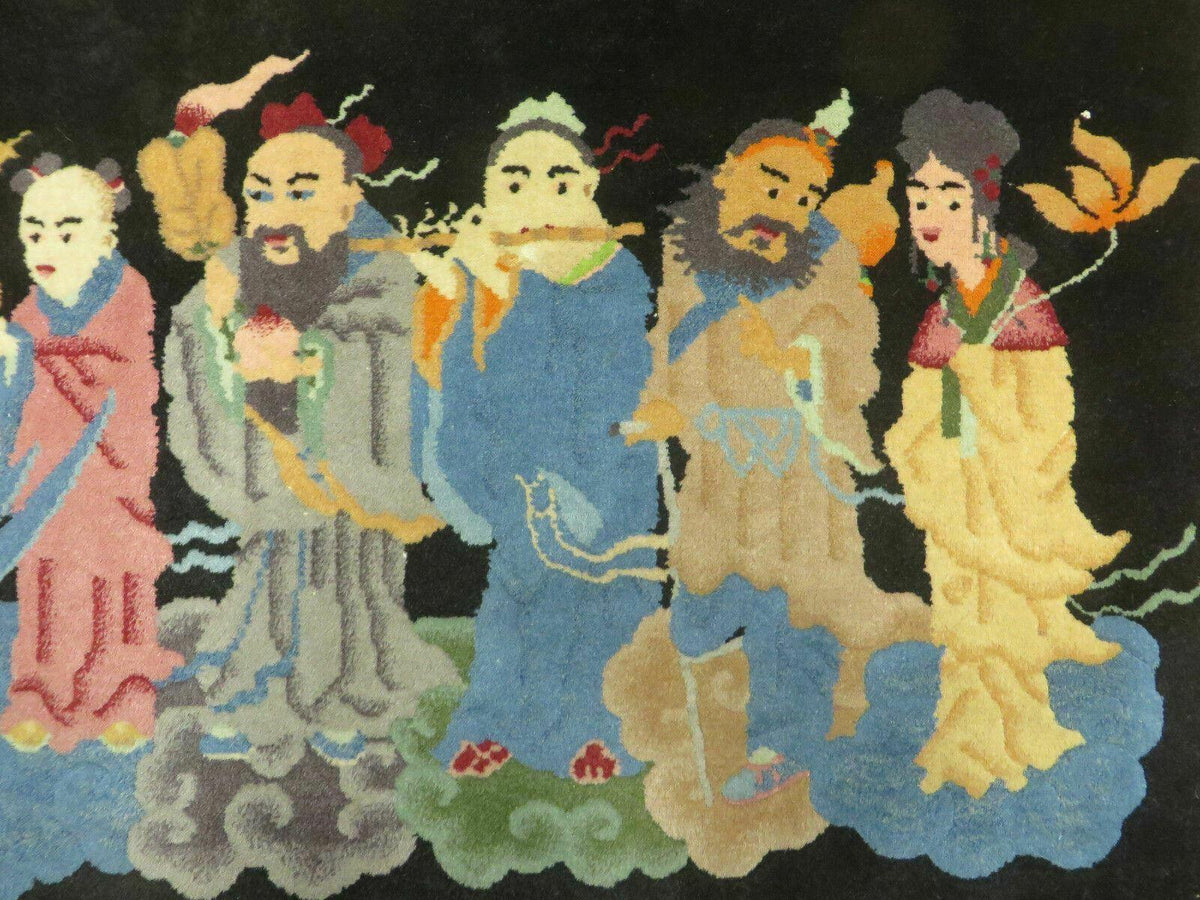 Chinese Wool Pictorial Rug 3x6 Counsel of Wise Elders Philosophers, Vintage Hand Knotted Black Chinese Carpet, Swan, Clouds Confucius, Rare - Jewel Rugs, view 7