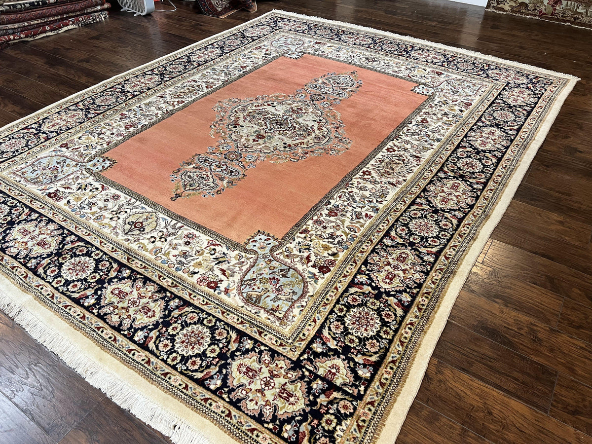 Persian Tabriz Rug 10x13, Wool Hand Knotted Vintage Carpet, Salmon Red & Ivory, Semi Open Field, Birds & Animal Motifs, Large Rug - Jewel Rugs, view 2