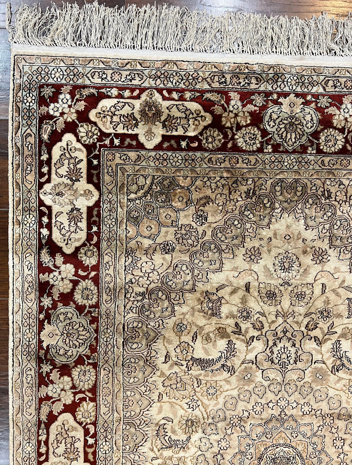 Silk Indian Kashmiri Rug 4x6 ft, Floral Medallion Hand Knotted Handmade Oriental Carpet, Vintage, Cream Burgundy, Very Fine Silk Rug 4 x 6 - Jewel Rugs, view 6