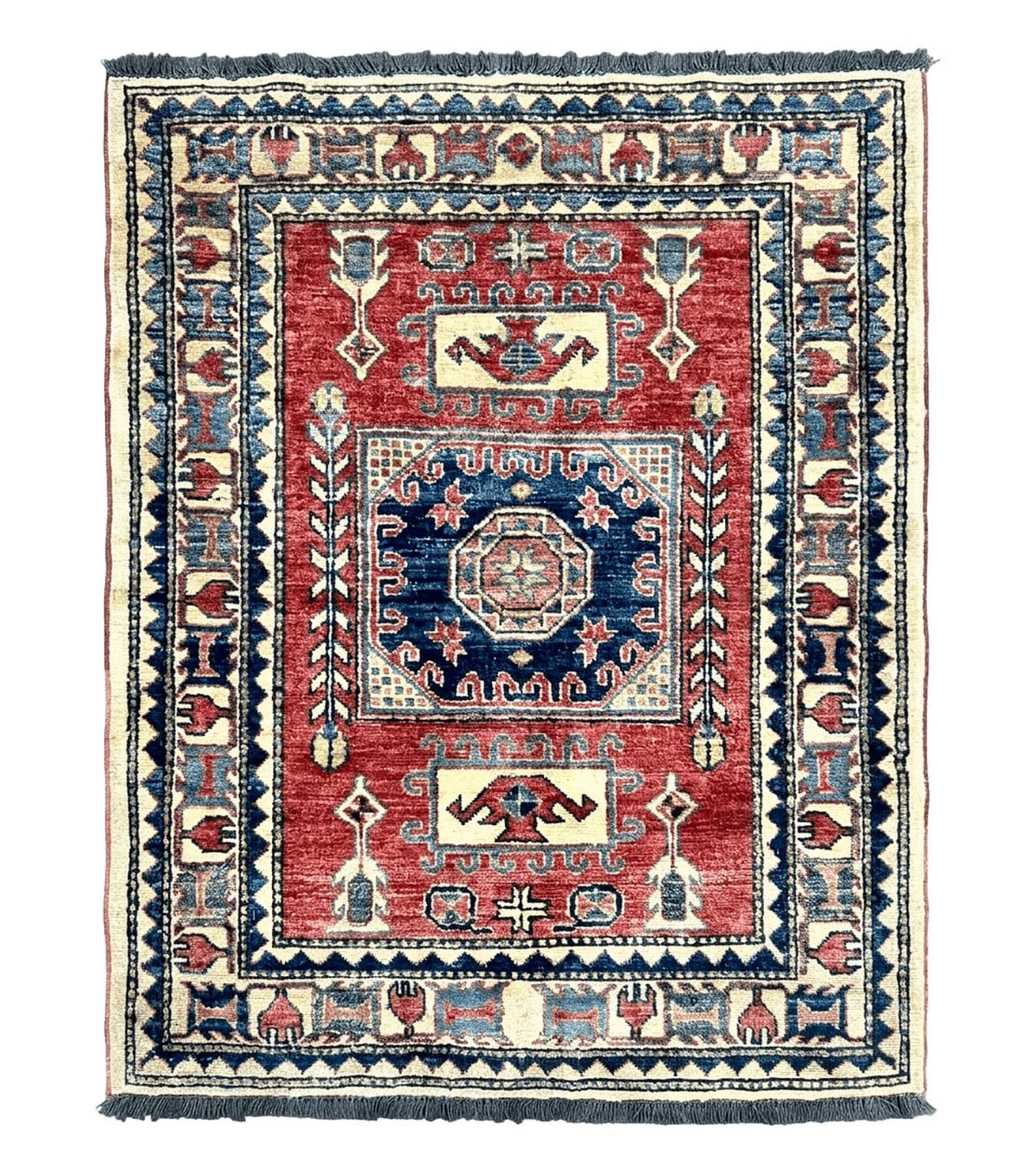 Turkish Kazak Rug 3x4, Wool Hand Knotted Small Vintage Carpet, Red Navy Blue, 3 x 4 Oriental Rug, Geometric Design - Jewel Rugs