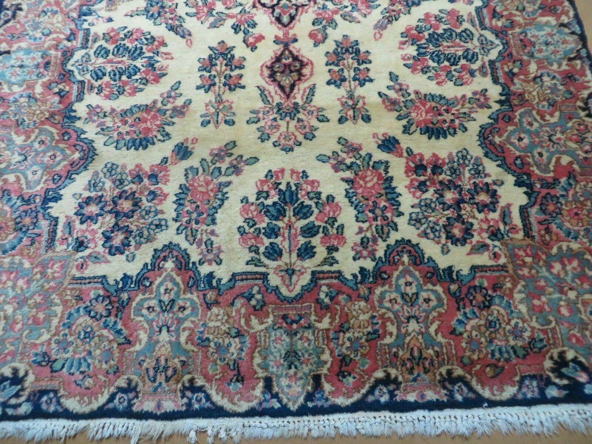 Antique Persian Kirman Rug 3.9 x 6.6, Floral Oriental Carpet, Ivory/Cream - Blue - Pink, Hand Knotted Wool Rug, Floral Medallion Rug 4x6 - Jewel Rugs, view 6