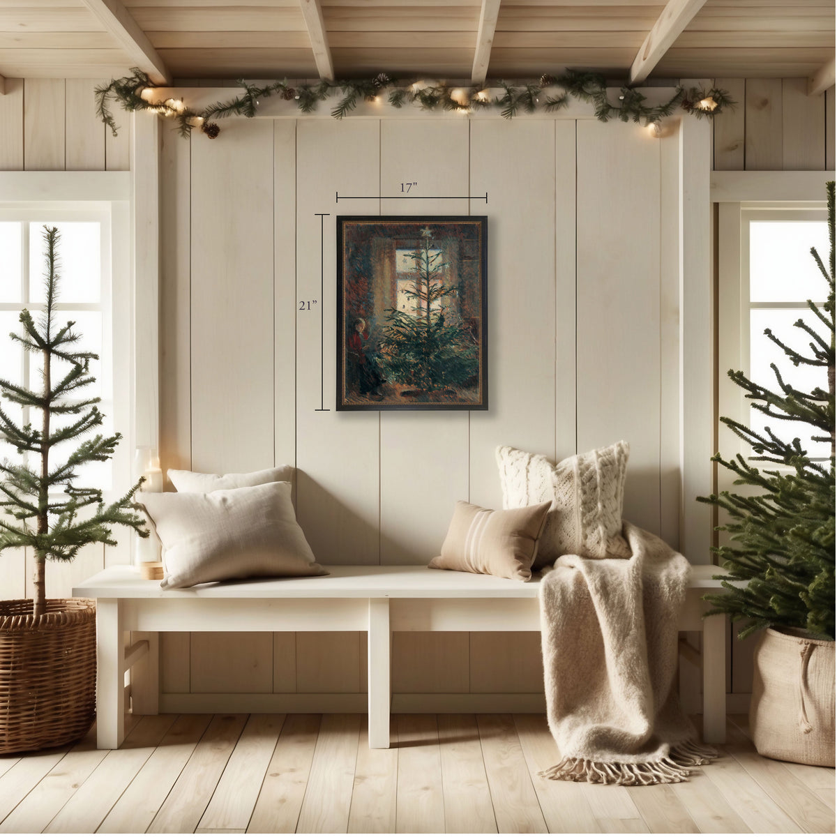 Christmas Tree Scene Reproduction Oil Painting with Beaded Frame - Antique Curiosities, view 2