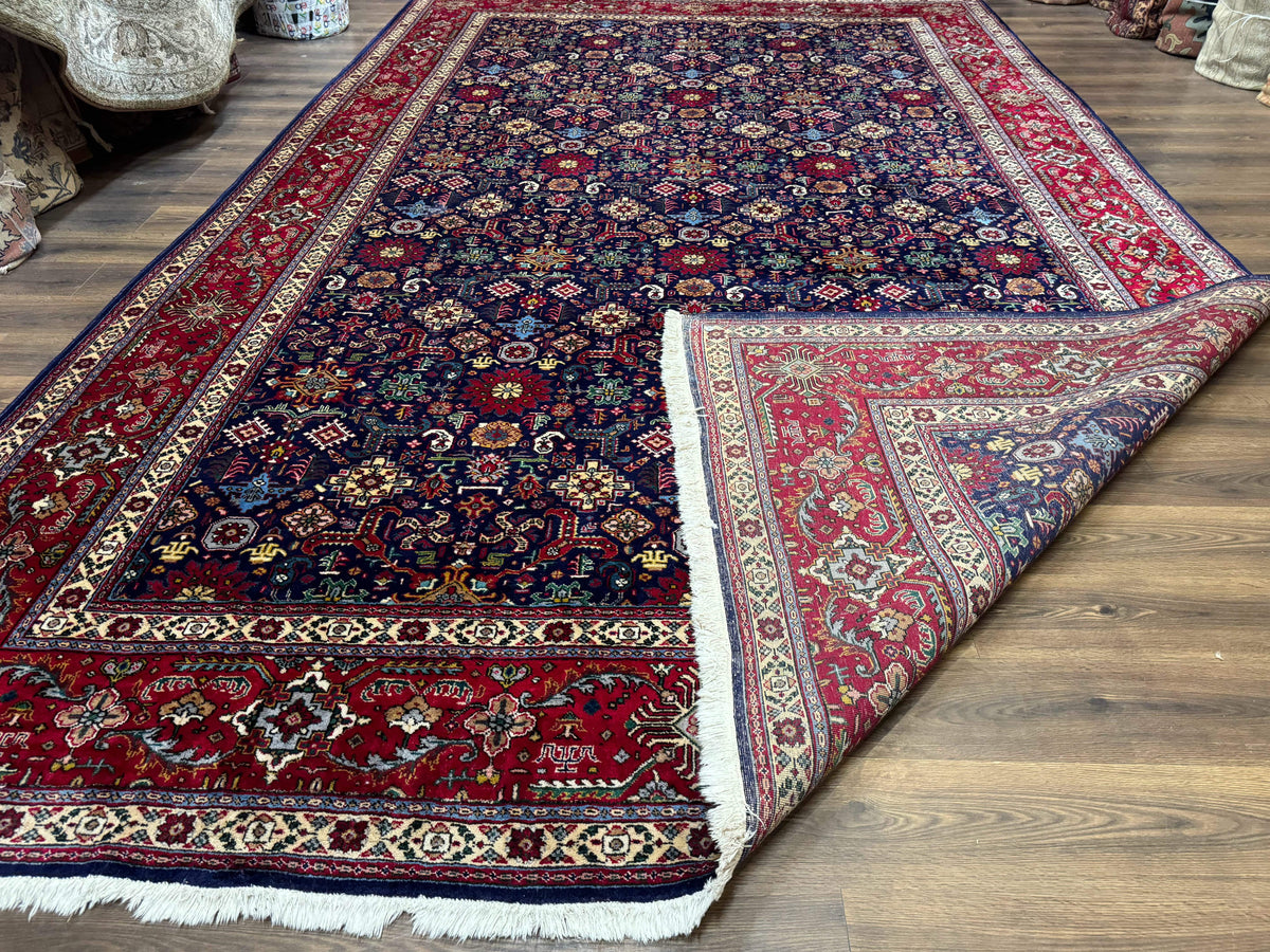 Large Persian Tabriz Rug 10x16, Navy Blue and Red, Allover Pattern, Vintage Hand Knotted Wool Carpet - Jewel Rugs, view 12