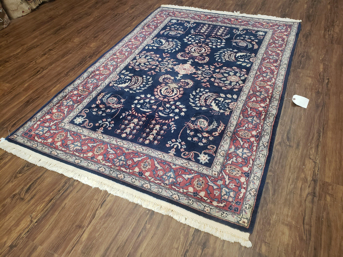 Dark Blue Indo Persian Rug 4x6, Medium Size Hand Knotted Oriental Carpet, Traditional Floral Indian Rug, Blue and Red Entryway Rug, Wool Rug - Jewel Rugs, view 3