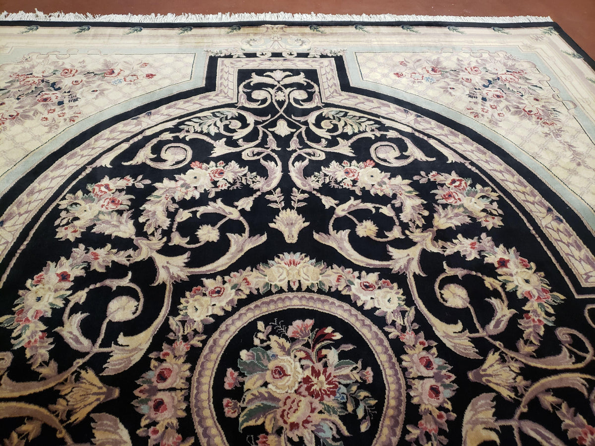 8x10 Aubusson Rug, Fine Hand Knotted Wool Carpet, French European Design, Black & Ivory - Jewel Rugs, view 13