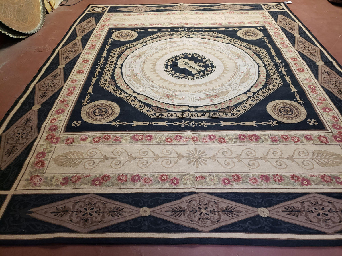 8x10 Woolen Needlepoint Rug Black European Savonnerie Carpet Circles Flat Weave Carpet Area Rug New Handmade Hand-Knotted Harp Flowers - Jewel Rugs, view 3