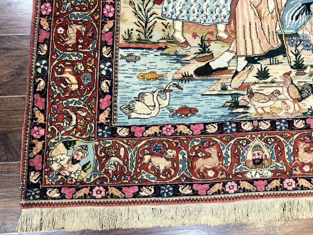 Wonderful Persian Kashan Pictorial Rug 4.7 x 6.5, Persian Rug for Wall Hanging, Handmade Antique Wool Carpet Animal Motifs Poetry Lovers, 240 KPSI - Jewel Rugs, view 9