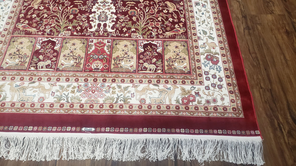 Silk Carpet 4x6 Dark Red & Cream, Tree of Life Rug, Animal Motifs, Birds Deer Rabbits, All Bamboo Silk, 4 x 6 Silk Area Rug - Jewel Rugs, view 12