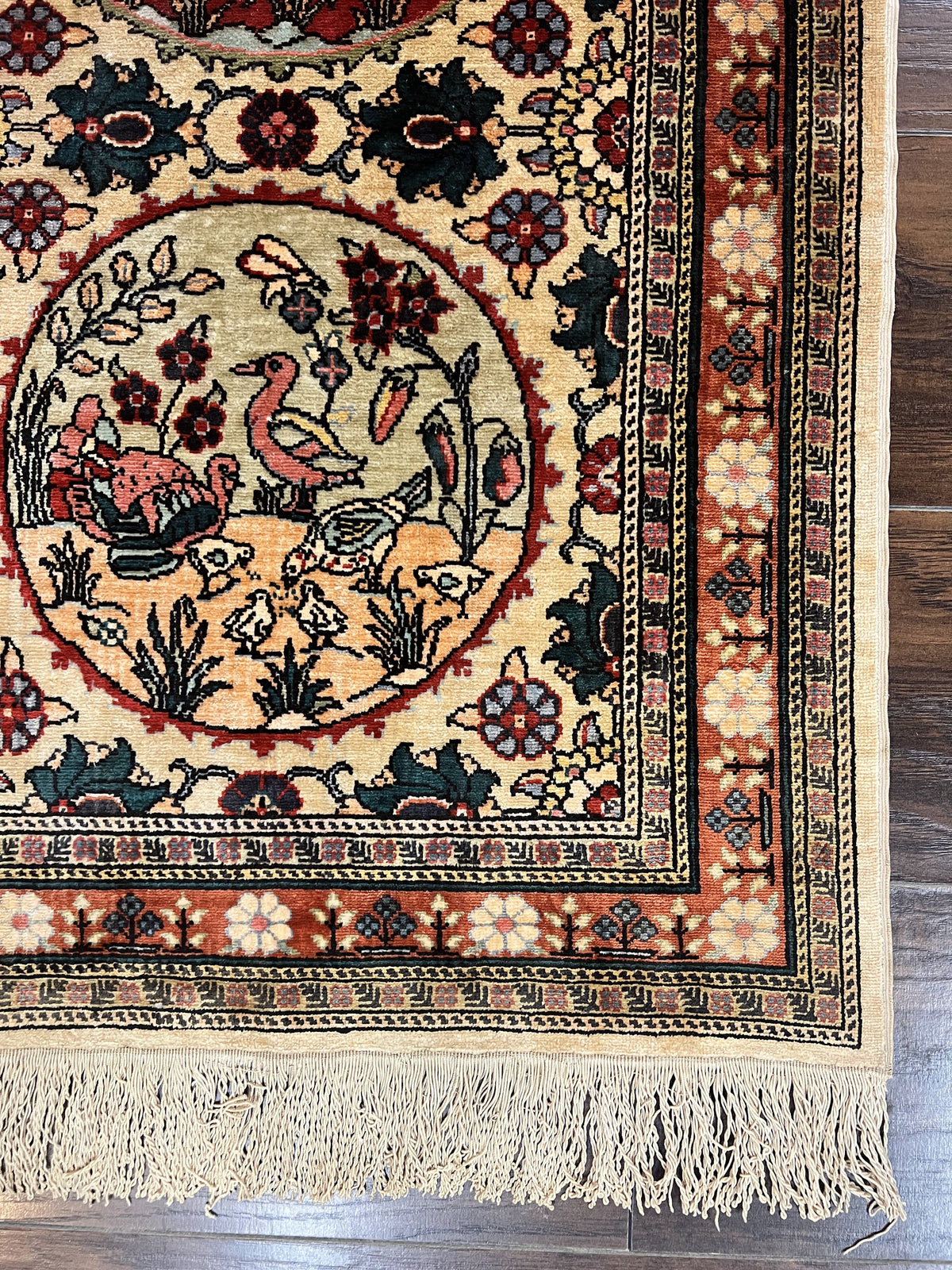 Silk Turkish Rug 2x4, Fine Handmade Oriental Rug, Animal Pictorial Birds Silk Pile on Silk Foundation Vintage Hand Knotted Hereke Carpet - Jewel Rugs, view 10