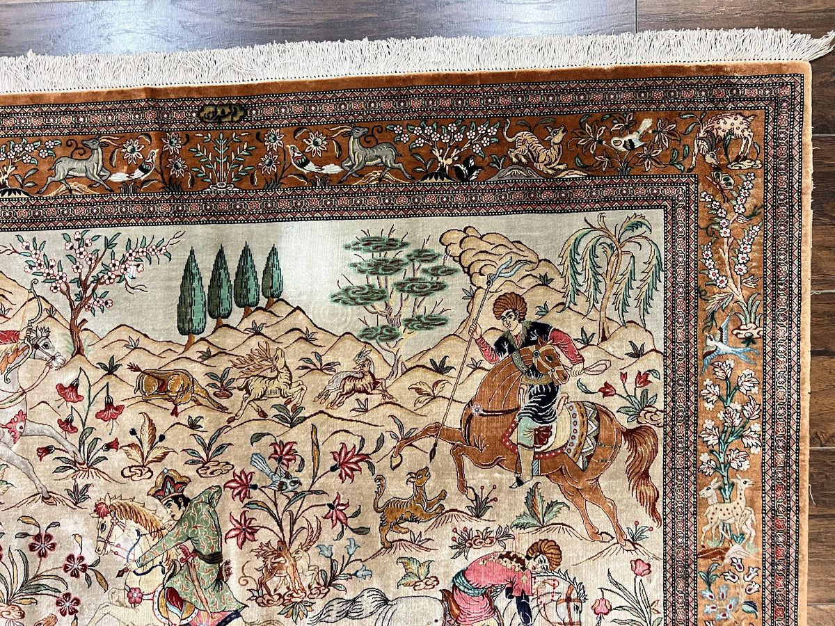 Silk Persian Qum Rug 3x5, Hunting Pattern, Handmade Vintage Carpet, Signed by Master Weaver, Horsemen Pictorials, Super Fine 650 KPSI - Jewel Rugs, view 7