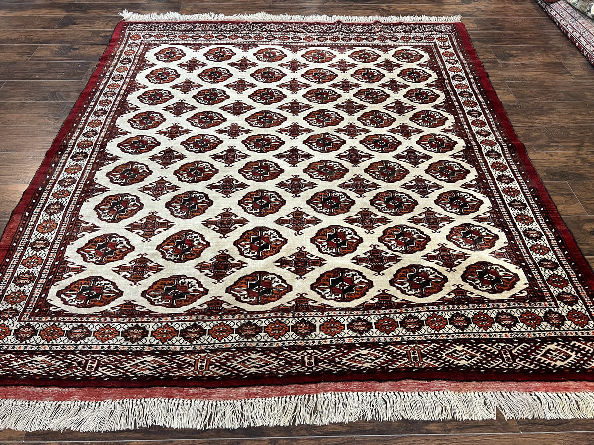 Persian Turkoman Rug 7x8, Almost Square Rare, Hand Knotted, Yamud, Bohemian Rug, Handmade Tribal Rug, Cream Red, Handmade Oriental Carpet - Jewel Rugs, view 2
