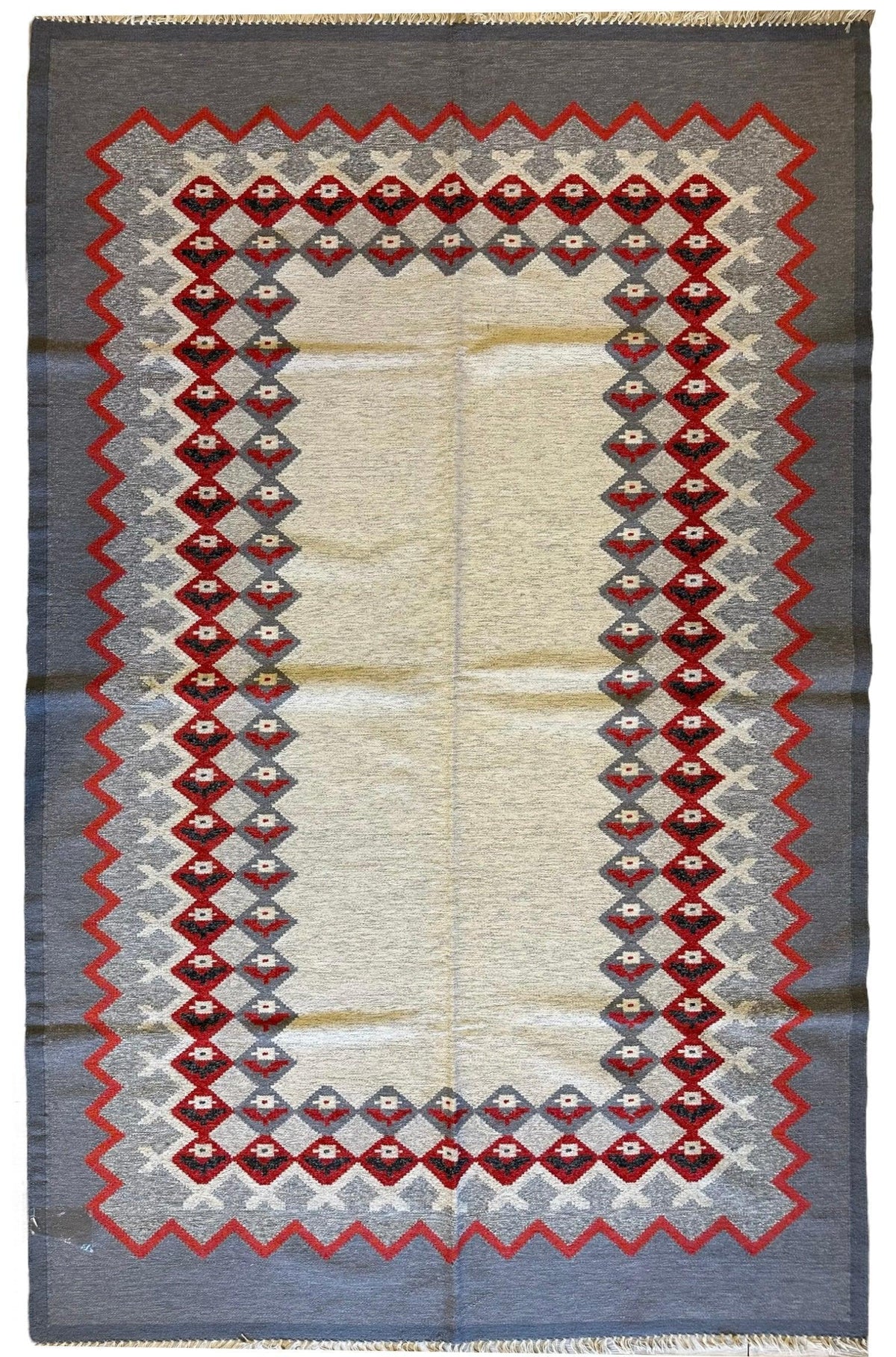 Vintage Kilim Rug 6x9 | Ivory, Gray & Red | Hand-Woven Wool Flatweave - Rugistan