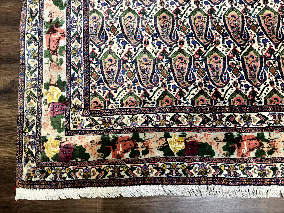 Persian Kurdish Rug 8x11, Repeated Allover Boteh Paisley Design, Bird Pictorials, Rare Antique Sannadaji Carpet - Jewel Rugs, view 9